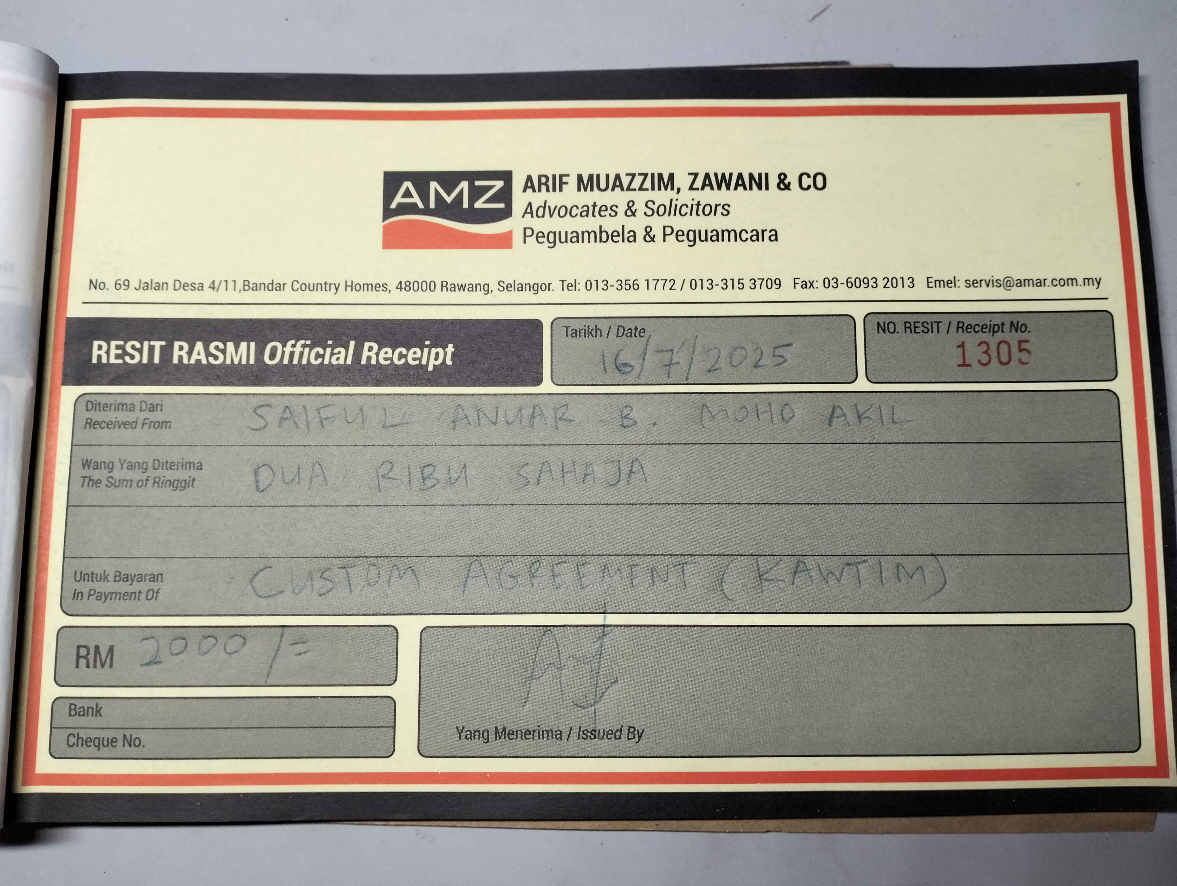 Resit caj RM2,000 draf agreement